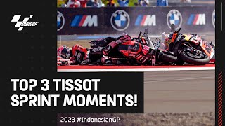 Top 3 TissotSprint Moments 🔄  2023 IndonesianGP [upl. by Nnylrahc]