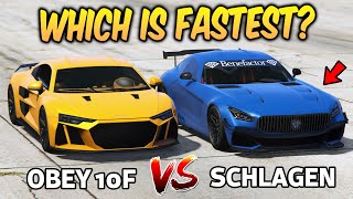 GTA 5 ONLINE  OBEY 10F VS SCHLAGEN GT WHICH IS FASTEST [upl. by Primrosa223]