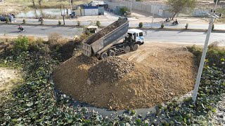 Full Landfill Project Interesting Komatsu D51PX Dozer Process With Dump trucks 5Ton Team [upl. by Aillicec]