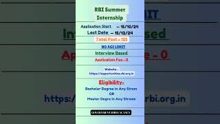 RBI SUMMER INTERNSHIP 2024 rbiinternship bankjobs rbibank [upl. by Ibbie]