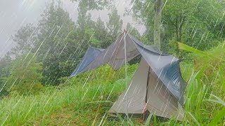 CAMPING IN HEAVY RAINSTROM AND THUNDER ⛈️HEAVY RAIN AND STRONG WINDS SHELTER IN A WARM TENT [upl. by Ellesor]