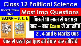 class 12 political science most important questions Both book I CBSE Board exam 2024 I one shot [upl. by Casabonne]