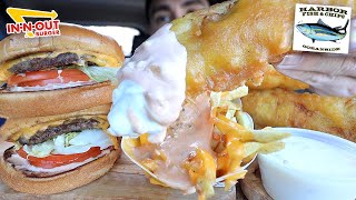 MUKBANG EATING IN N OUT SAUCY ANIMAL STYLE FRIES DOUBLE CHEESEBURGERS CRISPY FISH amp CHIPS ASMR [upl. by Schroth]