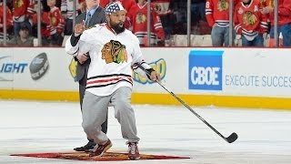 MrT looks sinks a center ice shot at the Chicago Blackhawks game [upl. by Arrat]