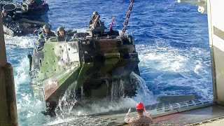 US Massive Amphibious Vehicles Jump into Ship From Deep Water [upl. by Acimat]