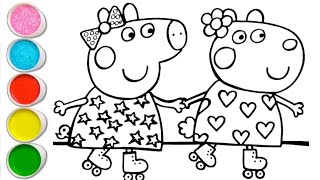 Peppa Pig skating with her friend drawing and coloring for kids and toddlers  step by step drawing [upl. by Fredi]