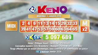 Tirage du midi Keno® du 03 janvier 2024  Résultat officiel  FDJ [upl. by Irrem]