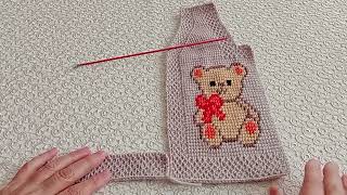 kolay tunus işi bebek yeleği ayıcıklı PART 3 easy tunisian baby vest with teddy bear PART 3 [upl. by Hasile]