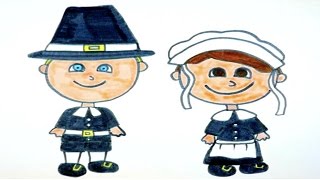 How To Draw Thanksgiving Pilgrims  Kids Coloring Video [upl. by Yrahcaz]