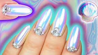 WHITE CHROME NAILS  Mermaid Unicorn Dust Iridescent Nail Art  Sea Shell Nail Swarovski amp Pearl [upl. by Ajnek486]