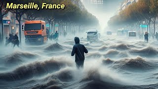 Massive floods due to extreme rainfall in Marseille France Many roads are flooded [upl. by Anaehs739]