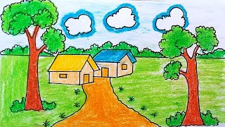 How To Draw Village Scenery Setp by Step  Scenery Art  Ghar Aka [upl. by Retse]