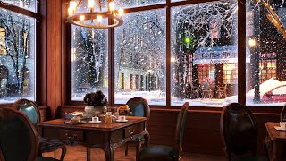 Snow Night on Window at Coffee Shop Ambience with Relaxing Smooth Jazz Music and Snow Falling [upl. by Aikyt]