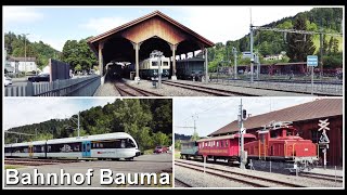 Bahnübergang und Historische Bahnhofshalle beim Bahnhof Bauma Kanton Zürich Schweiz 2022 [upl. by Kunin783]