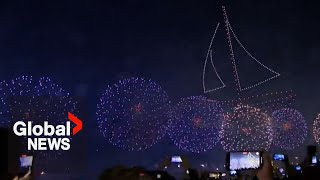 New Years 2024 Ras Al Khaimah enters New Year with magical drones fireworks and pyro show [upl. by Nyrol]