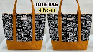 How to make reusable Tote bag with 4 Pockets  Shopping Bag Sewing Tutorial  how to make cloth bags [upl. by Llenoil]