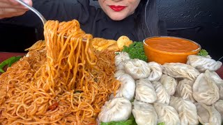 ASMR EATING SPICY NOODLESCHICKEN MOMOVEG MOMOLAYS CHIPS FOODVIDEOS [upl. by Ahsekahs]