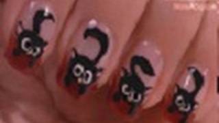 Halloween Nails  Black Cat Nail Art Tutorial  Arte para las uñas de gato negro [upl. by Magner]