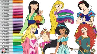 Disney Princess Coloring Book Compilation Mulan Jasmine Aurora Rapunzel Merida Snow White Belle [upl. by Nuoras]