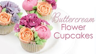 How to Pipe Buttercream Flower Bouquet Cupcakes  Roses Peonies amp Hydrangea Piping Techniques [upl. by Rhiana]