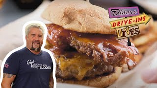 Guy Fieri Eats a Barnyard Burger with ALL the Meats  Diners DriveIns and Dives  Food Network [upl. by Aria]