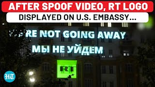 Watch RT Logo With A Snarky Message ‘Lights Up’ US Embassy In Moscow Amid Tensions Over Sanctions [upl. by Ehcadroj224]