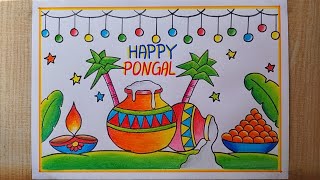 Pongal drawing easy How to draw Pongal festival drawing Happy Pongal drawing Pongal Pot Drawing [upl. by Adeirf]