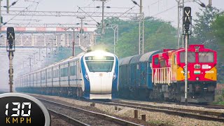 First Time in History High Rise Pantograph Vande Bharat Express Overtaking Freight at 130 kmph [upl. by Humfrid665]