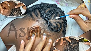 Asmr hair care scratches between braids relaxing scalp oiling and tracing with Qtips [upl. by Pantia736]