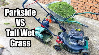 Parkside Petrol Lawn Mower Tall Wet Grass Cutting amp Bagging [upl. by Hsenid]