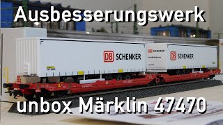 Ausbesserungswerk H0 Märklin unbox 47470 DoppelTaschenwagen Sdggmrss 738 [upl. by Kussell]