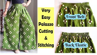 Very Easy Palazzo Cutting And Stitching  Front Belt Back Elastic Palazzo  English Subtitles [upl. by Ayekim]