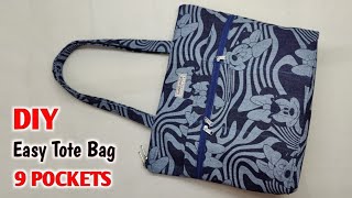 HOW TO MAKE ZIPPERED TOTE BAG WITH 9 POCKETS  Lined Tote bag sewing tutorial  clothes bag making [upl. by Nalac]