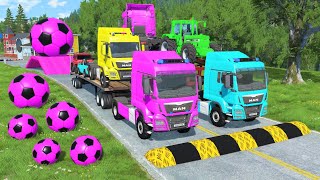 Double Flatbed Trailer Truck vs Speedbumps Train vs Cars  Tractor vs Train BeamngDrive 0178 [upl. by Accber]