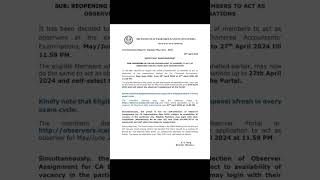 Empanelment to Act as observers for ICAI EXAM Reopened icaistudents icai caexams caexamprep [upl. by Yrebmik]