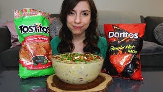 CREAMY CHEESY WHITE CHICKEN CHILI RECIPE amp CHIPS MUKBANG [upl. by Jezabella]