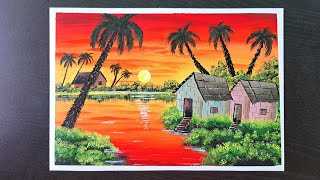 Sunset Painting  Sunset Landscape Painting  Acrylic Painting Tutorial [upl. by Tali631]