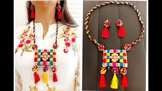 DIY Multi Color Necklace and Earrings  pompom Jewellery  Handmade Navratri Jewellery making idea [upl. by Atsiuqal]