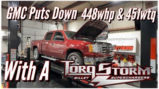 TorqStorm Strikes again 200rwhp gain from supercharger alone This Gmc sierra makes 448whp amp 451wtq [upl. by Lynnett]