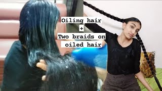 two braids on long oiled hair  long hair heavy oiling  braids on oily hair [upl. by Harlen]