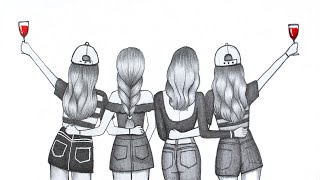 How to draw a Four Friend Pencil sketch  Step by Step drawing  Girls Friendship  Easy drawing [upl. by Airrat512]