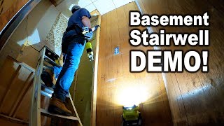 Basement Stairwell Area Demolition  Removing Old Wood Paneling Drywall and Framing [upl. by Carlynn226]