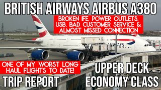 TRIP REPORT British Airways Airbus A380 UPPER DECK ECONOMY London Heathrow LHR  Dallas DFW [upl. by Enined931]