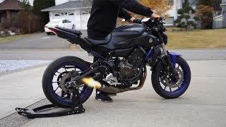 Yamaha MT07 Akrapovic Cold start  Revs  Fly by LOUD [upl. by Utimer]