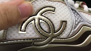 Chanel Fabric Laminated Calfskin Stretch CC Womens Sneakers 36 White Gold Silver [upl. by Neirod]