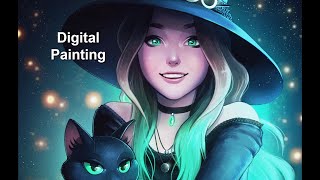 Digital Painting Timelapse  Witch and Cat [upl. by Robbyn]