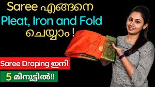 How to PrePleat Iron and Fold Saree for Packing  Malayalam  Keerthis Katalog [upl. by Arrakat]