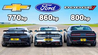 Ford Mustang v Chevy Camaro v Dodge Hellcat Redeye DRAG RACE [upl. by Olaf827]