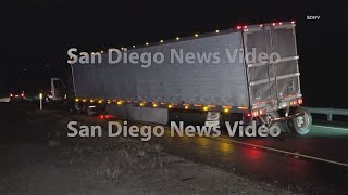 Semi truck crashes into bridge guardrail shears off rear axle SIG Alert issued in Alpine [upl. by Kostival]