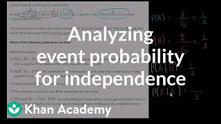 Analyzing event probability for independence  Probability and Statistics  Khan Academy [upl. by Marduk284]